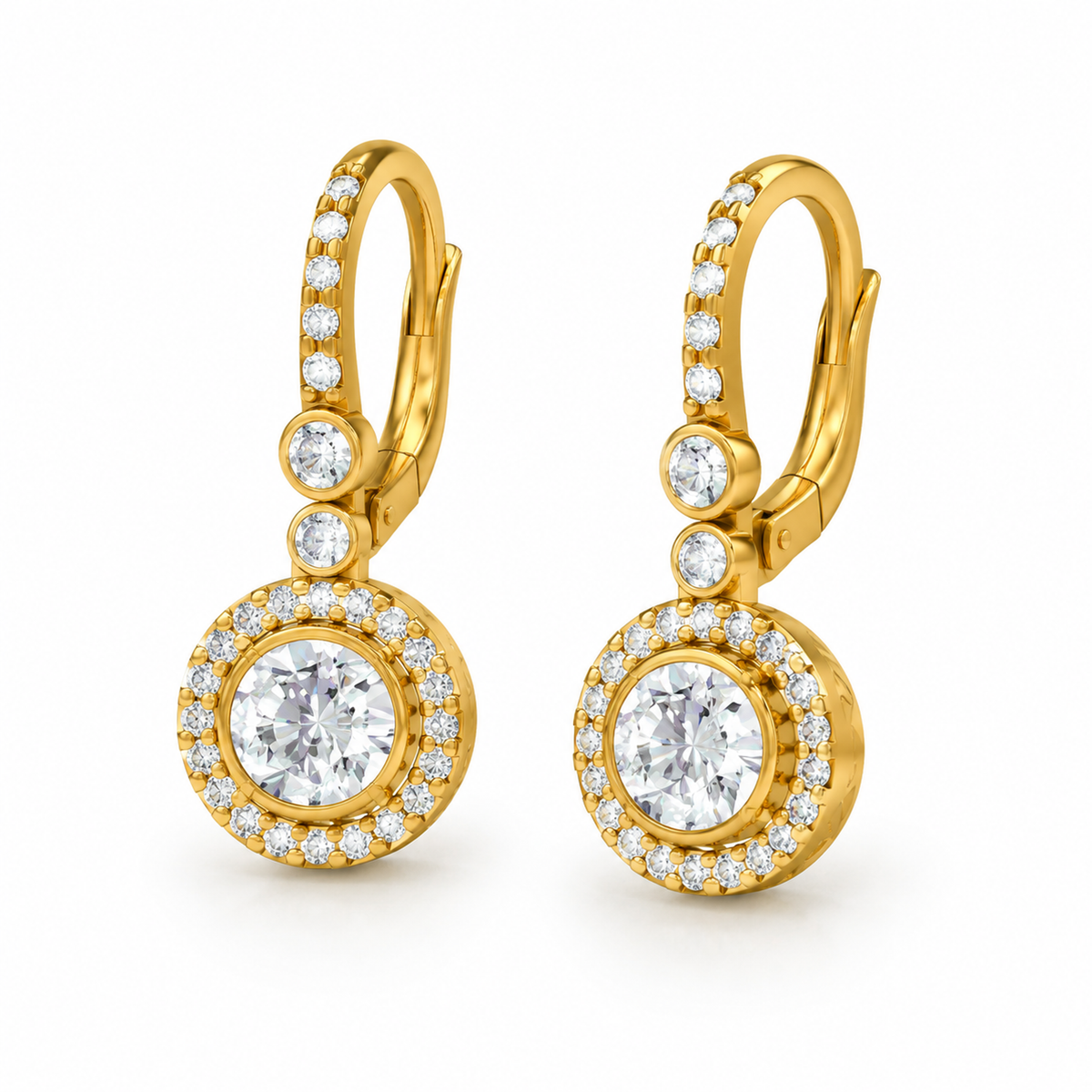 ROUND/14k YELLOWGOLD/HALO DROP EARRINGS, 45-degree view