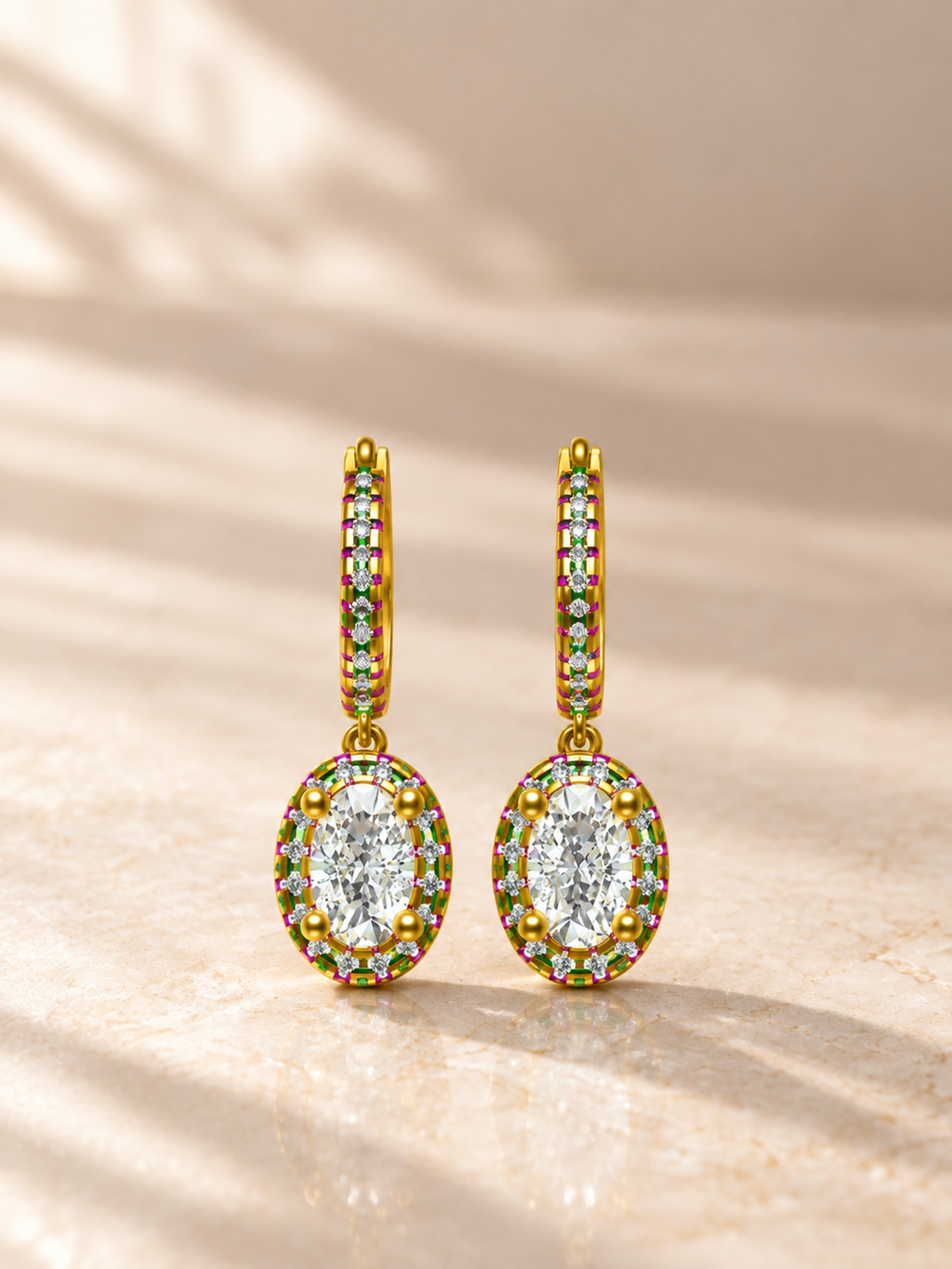OVAL/14k YELLOWGOLD/HALO DROP HOOP EARRINGS, lifestyle view