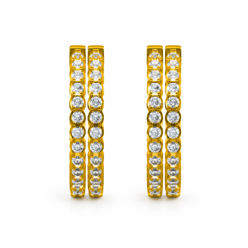ROUND/14k YELLOWGOLD/SHARED PRONG HOOP EARRINGS, front view