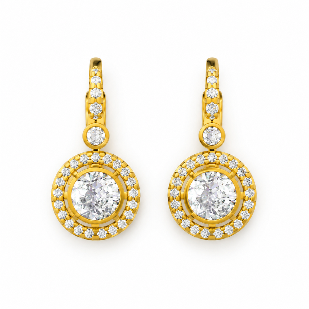 ROUND/14k YELLOWGOLD/HALO DROP EARRINGS, top view