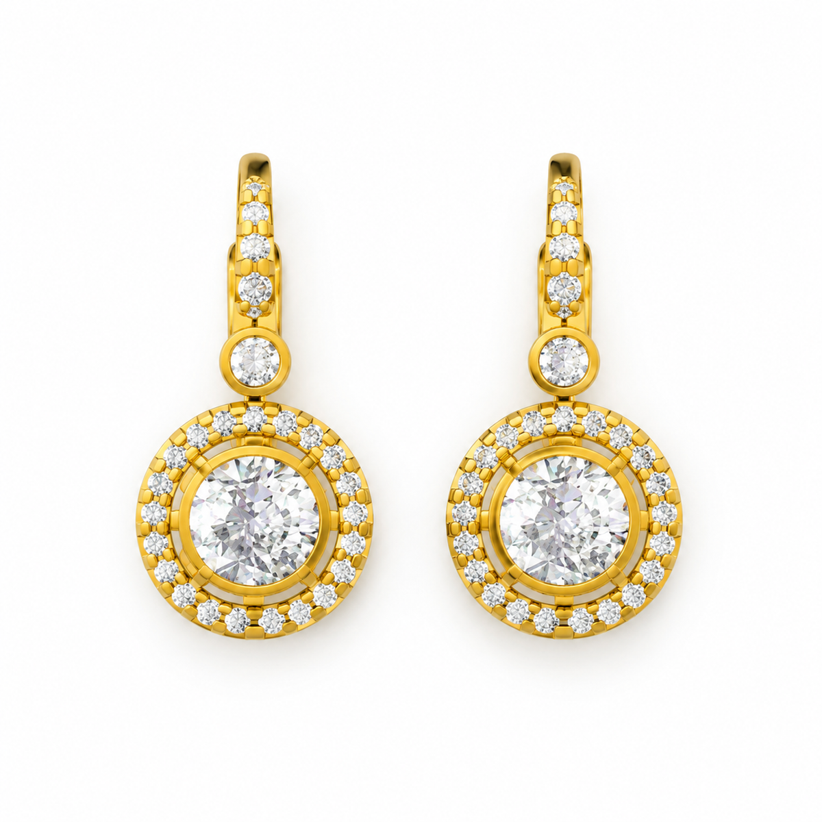 ROUND/14k YELLOWGOLD/HALO DROP EARRINGS, top view