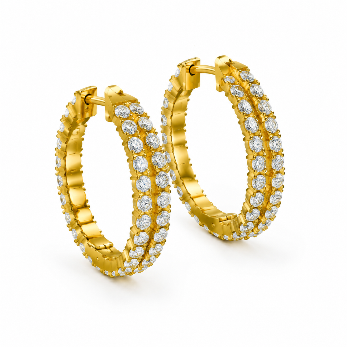 ROUND/14k YELLOWGOLD/SHARED PRONG HOOP EARRINGS, 45-degree view