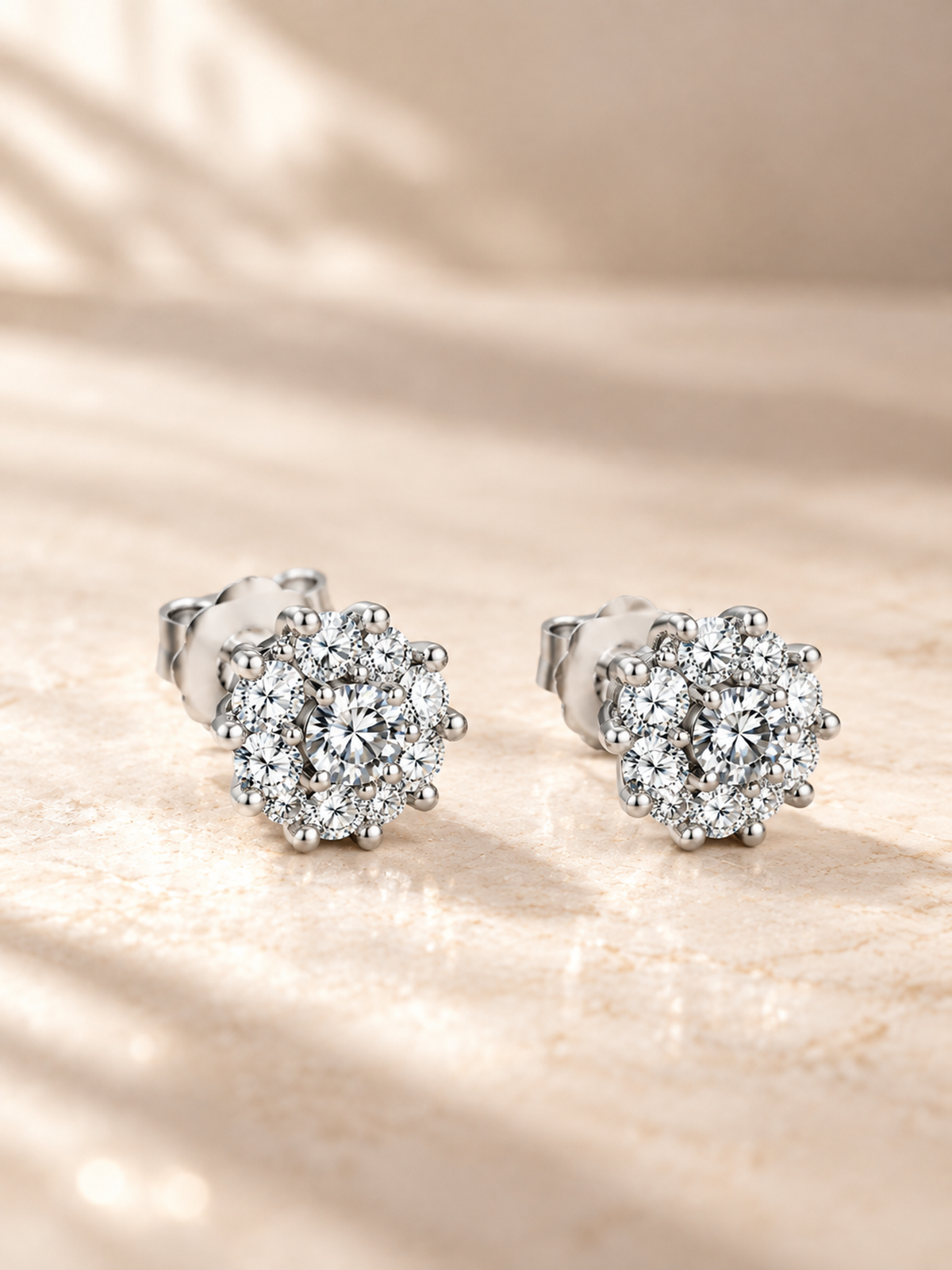 ROUND/14k WHITEGOLD/FLORAL HALO STUD EARRINGS, lifestyle view