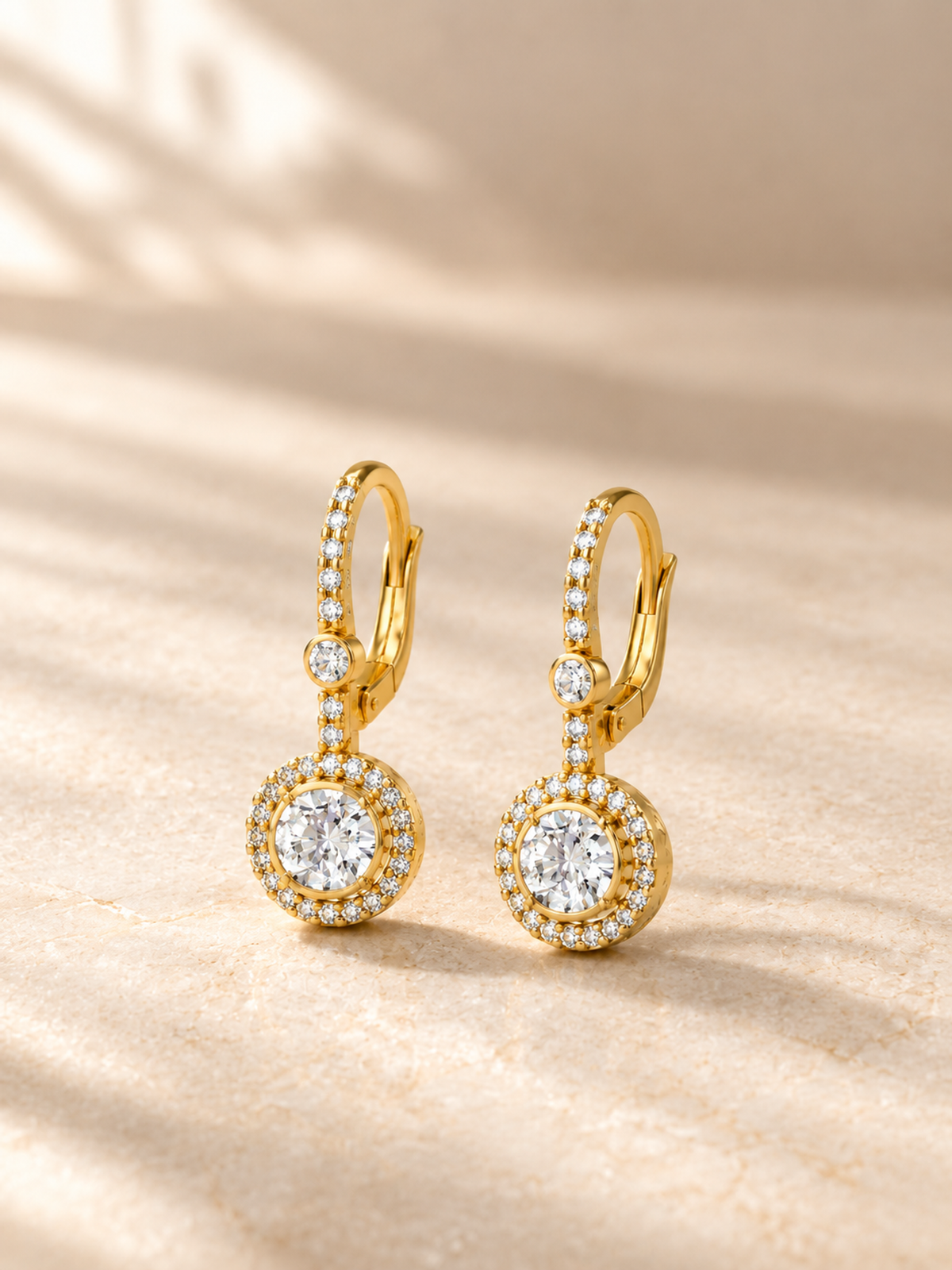 ROUND/14k YELLOWGOLD/HALO DROP EARRINGS, lifestyle view
