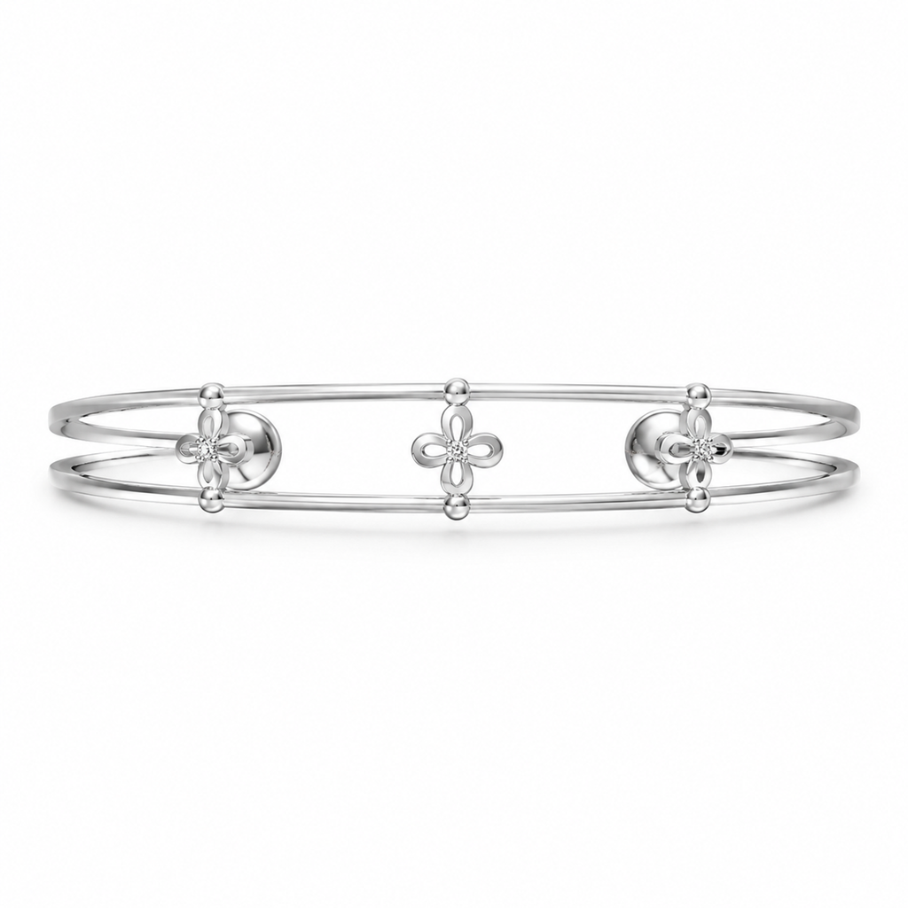 FLORAL/14k WHITEGOLD/DOUBLE RAIL BANGLE, front view