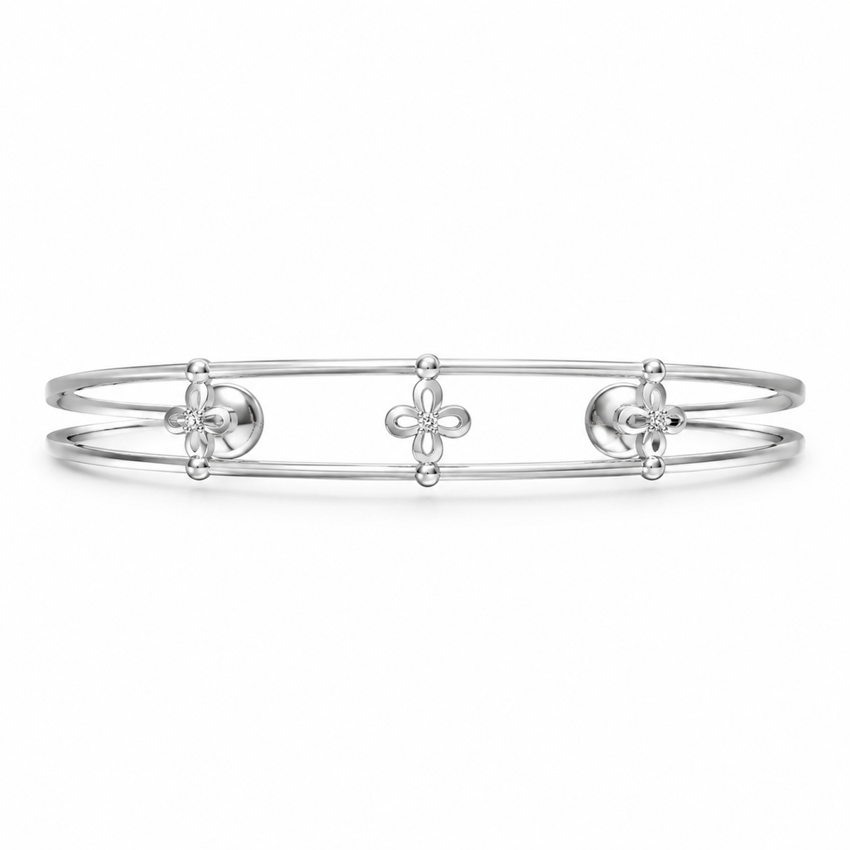 FLORAL/14k WHITEGOLD/DOUBLE RAIL BANGLE, front view