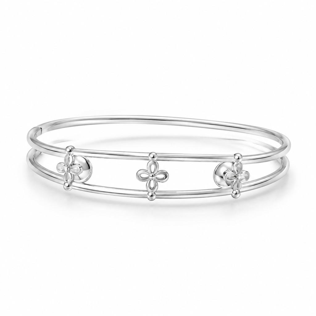 FLORAL/14k WHITEGOLD/DOUBLE RAIL BANGLE, 45-degree view