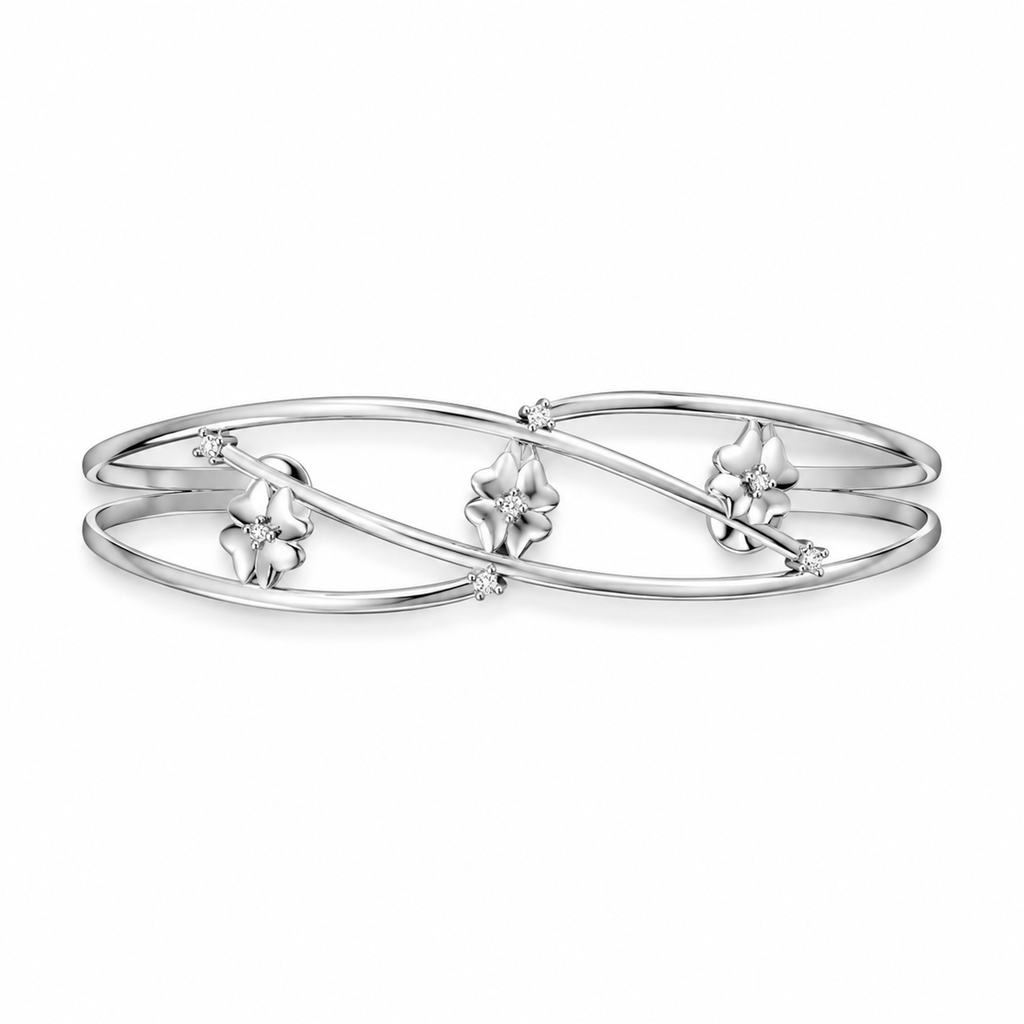 ROUND/14k WHITEGOLD/FLORAL CROSSOVER BANGLE, top view