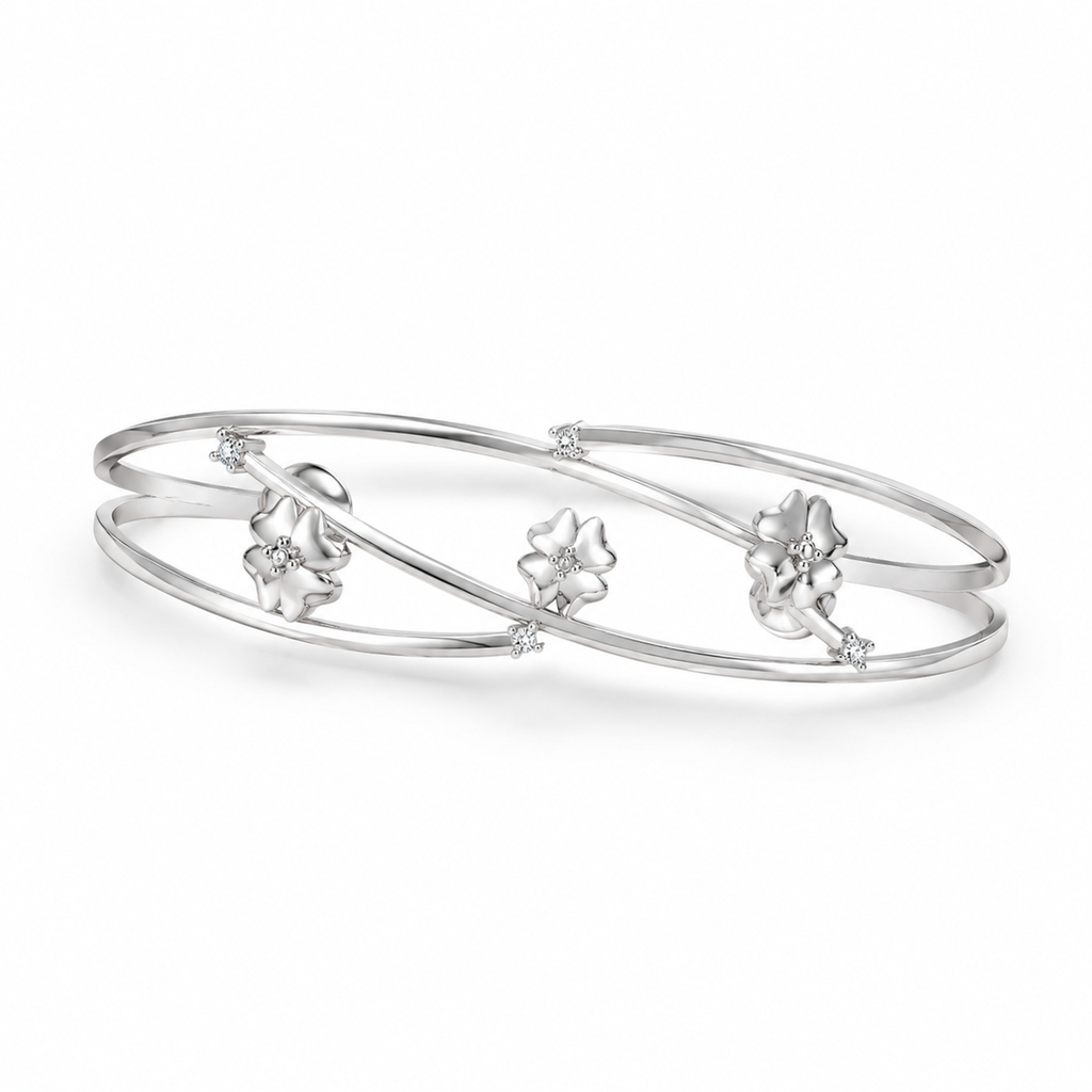 ROUND/14k WHITEGOLD/FLORAL CROSSOVER BANGLE, 45-degree view