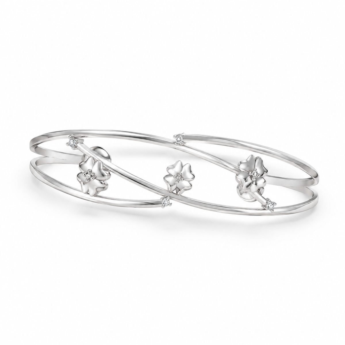 ROUND/14k WHITEGOLD/FLORAL CROSSOVER BANGLE, 45-degree view