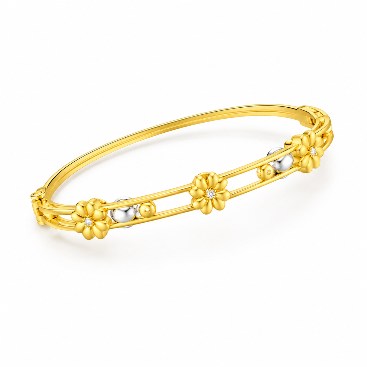 FLORAL/14k YELLOWGOLD/DOUBLE RAIL BANGLE, 45-degree view