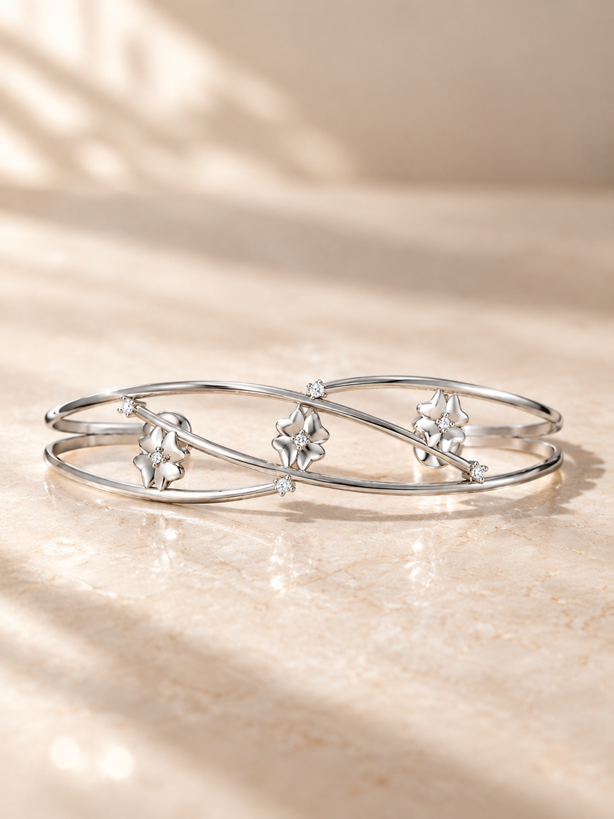 ROUND/14k WHITEGOLD/FLORAL CROSSOVER BANGLE, lifestyle view