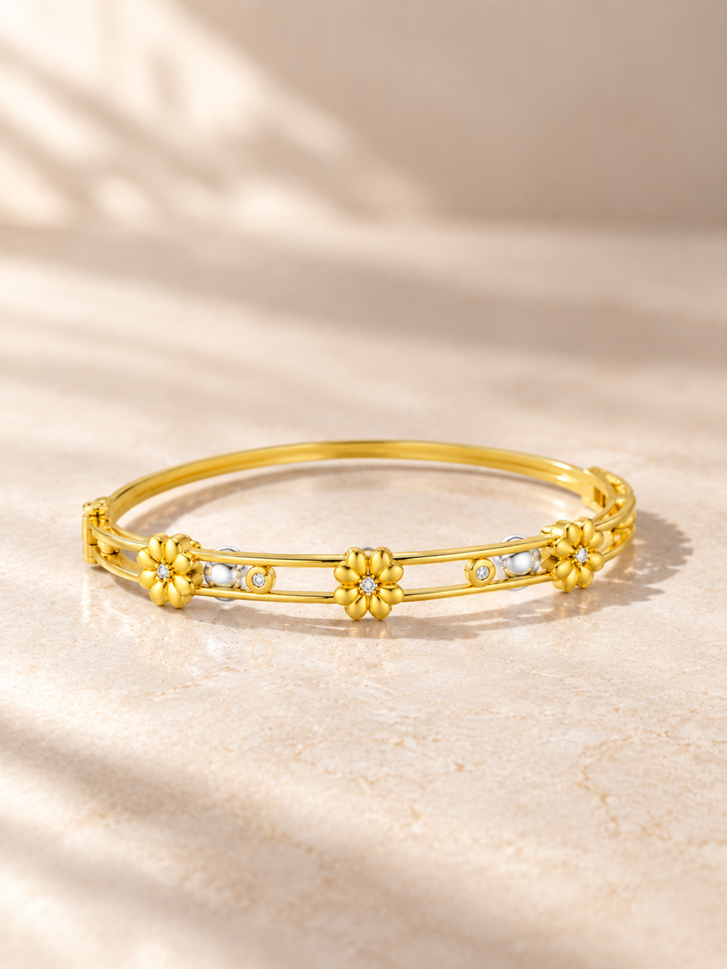 FLORAL/14k YELLOWGOLD/DOUBLE RAIL BANGLE, lifestyle view