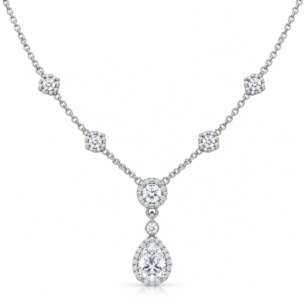 PEAR/5 CT /14k WHITEGOLD/HALO DROP NECKLACE