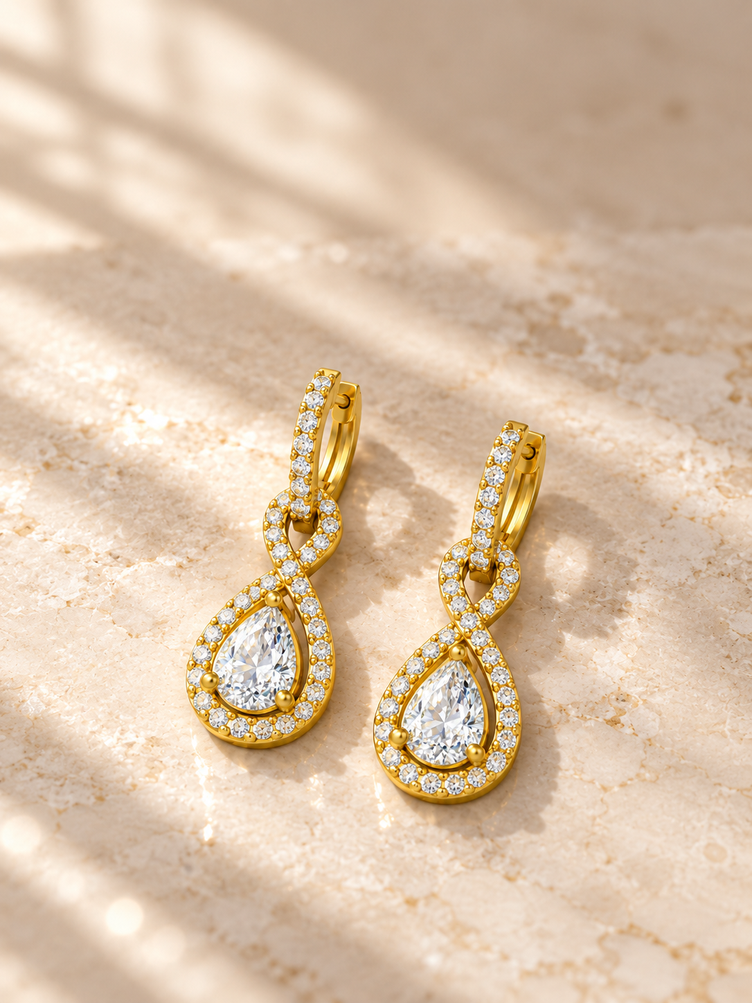 PEAR/14k YELLOWGOLD/INFINITY HALO DROP EARRINGS
