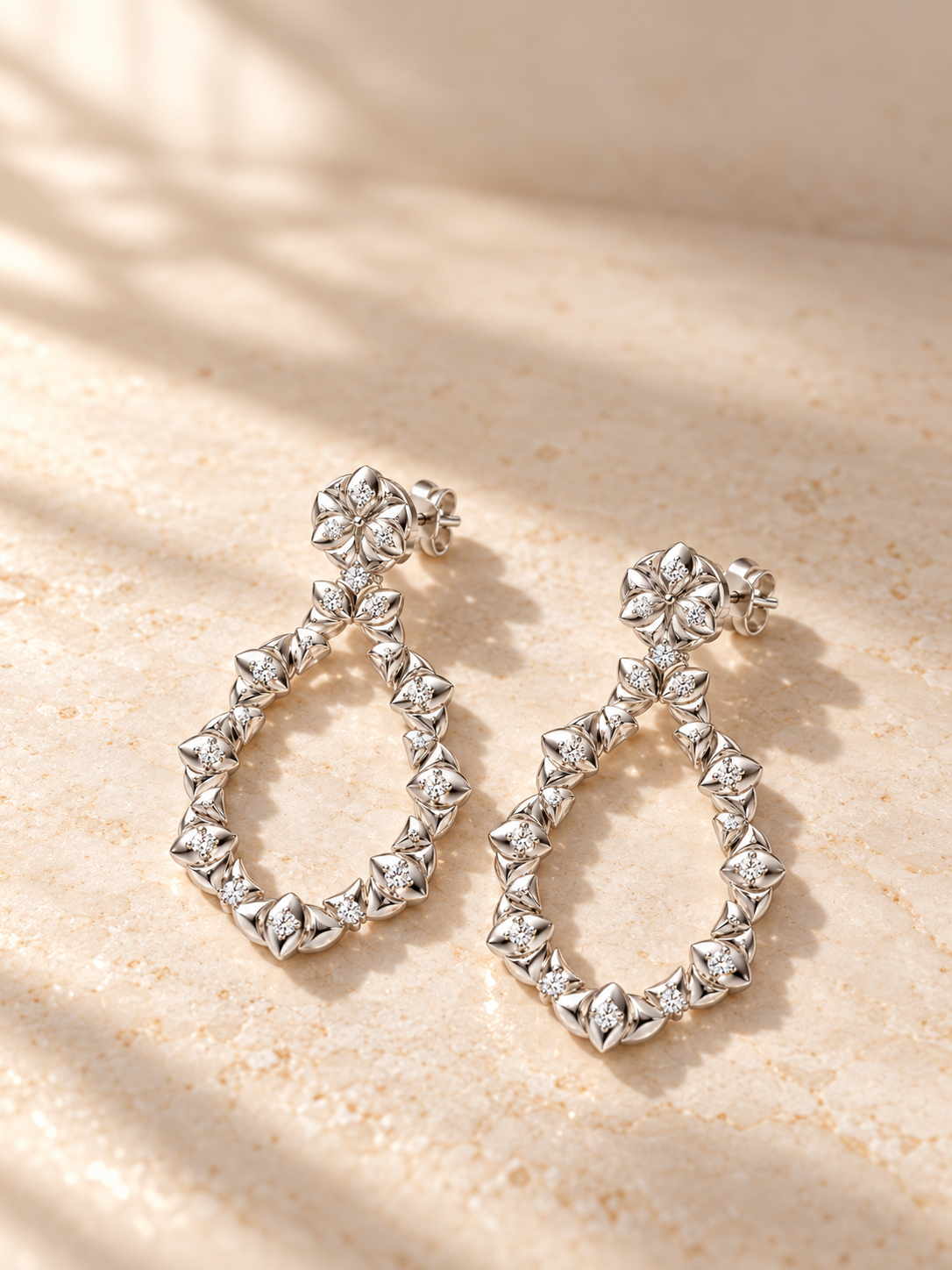 TEARDROP/14k WHITEGOLD/FLORAL DROP EARRINGS