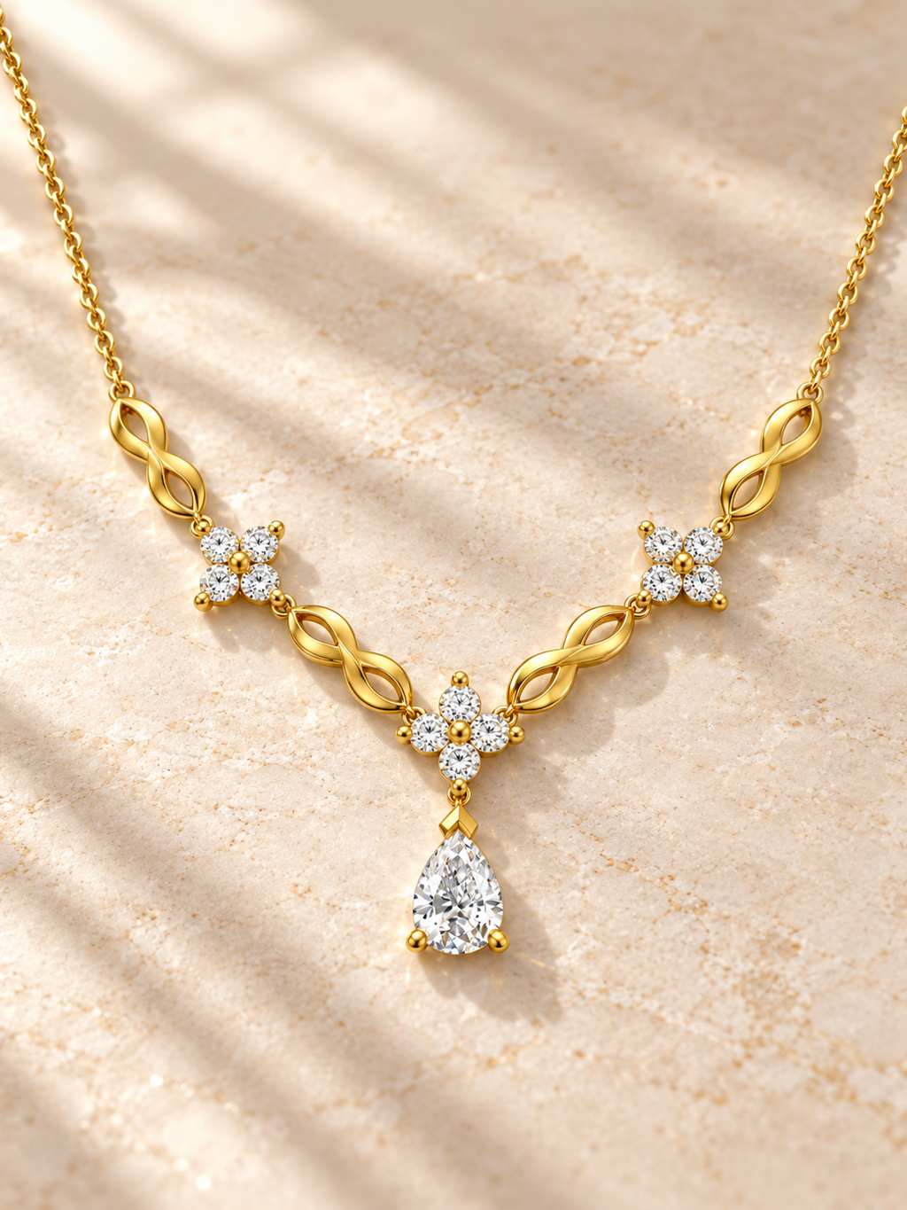 PEAR/3 CT /14k YELLOWGOLD/FLORAL INFINITY DROP NECKLACE