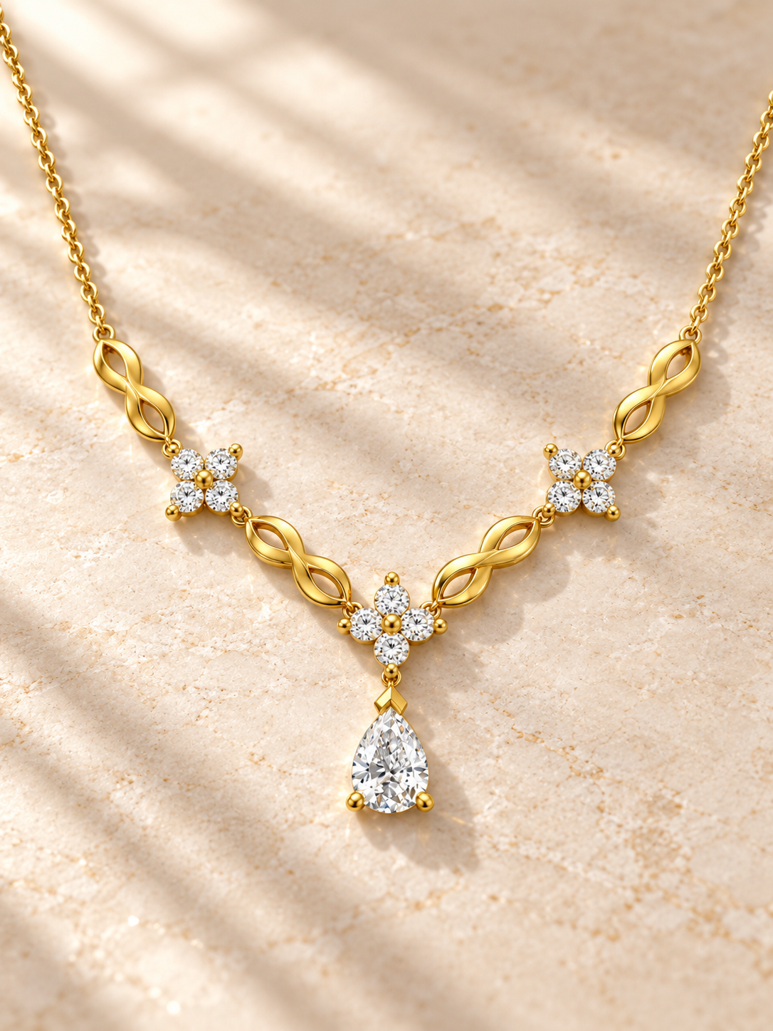 PEAR/3 CT /14k YELLOWGOLD/FLORAL INFINITY DROP NECKLACE