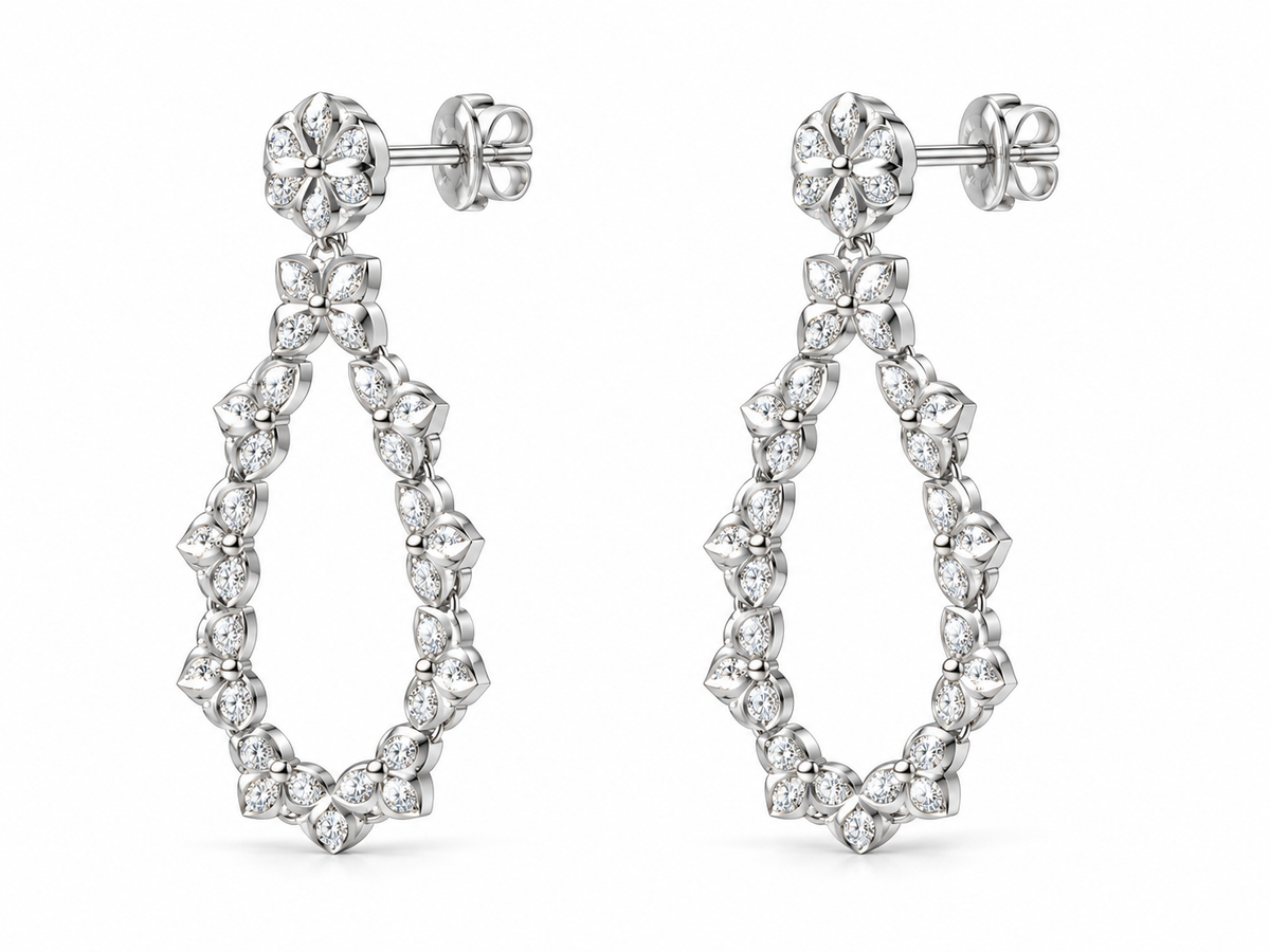 TEARDROP/14k WHITEGOLD/FLORAL DROP EARRINGS