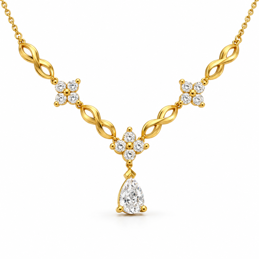 PEAR/3 CT /14k YELLOWGOLD/FLORAL INFINITY DROP NECKLACE