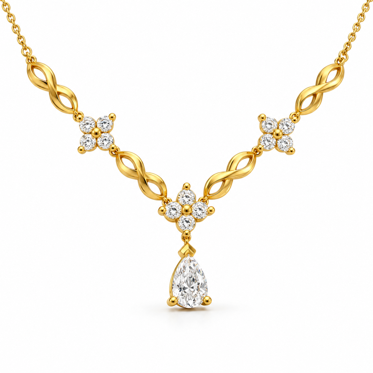PEAR/3 CT /14k YELLOWGOLD/FLORAL INFINITY DROP NECKLACE