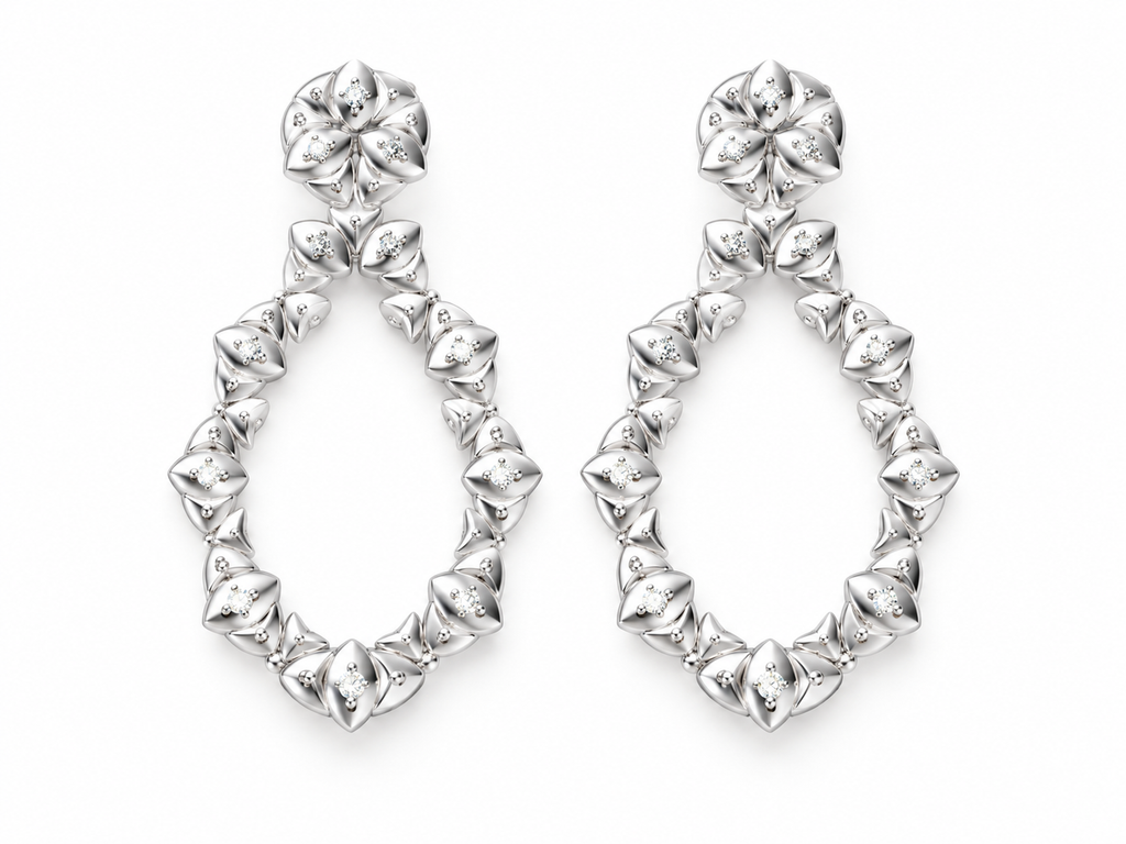 TEARDROP/14k WHITEGOLD/FLORAL DROP EARRINGS
