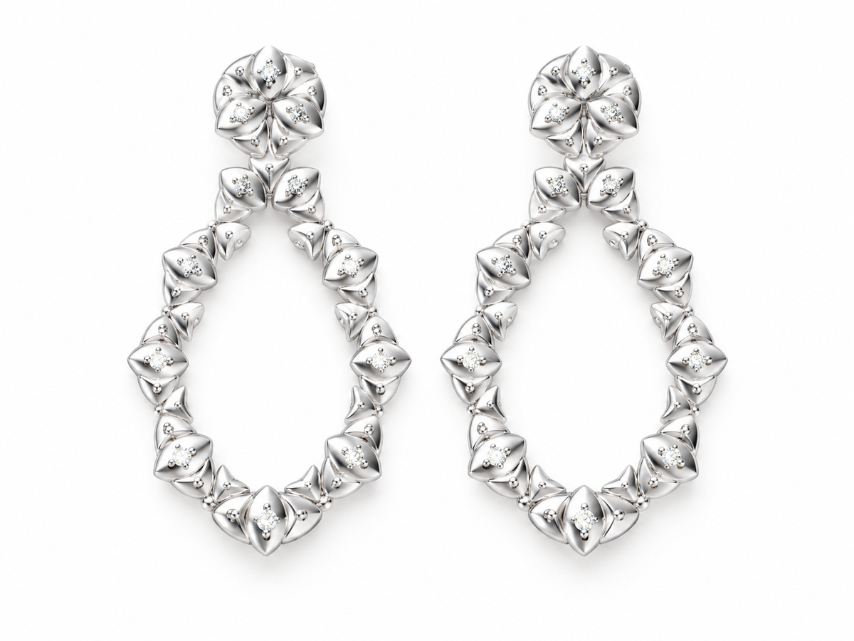 TEARDROP/14k WHITEGOLD/FLORAL DROP EARRINGS