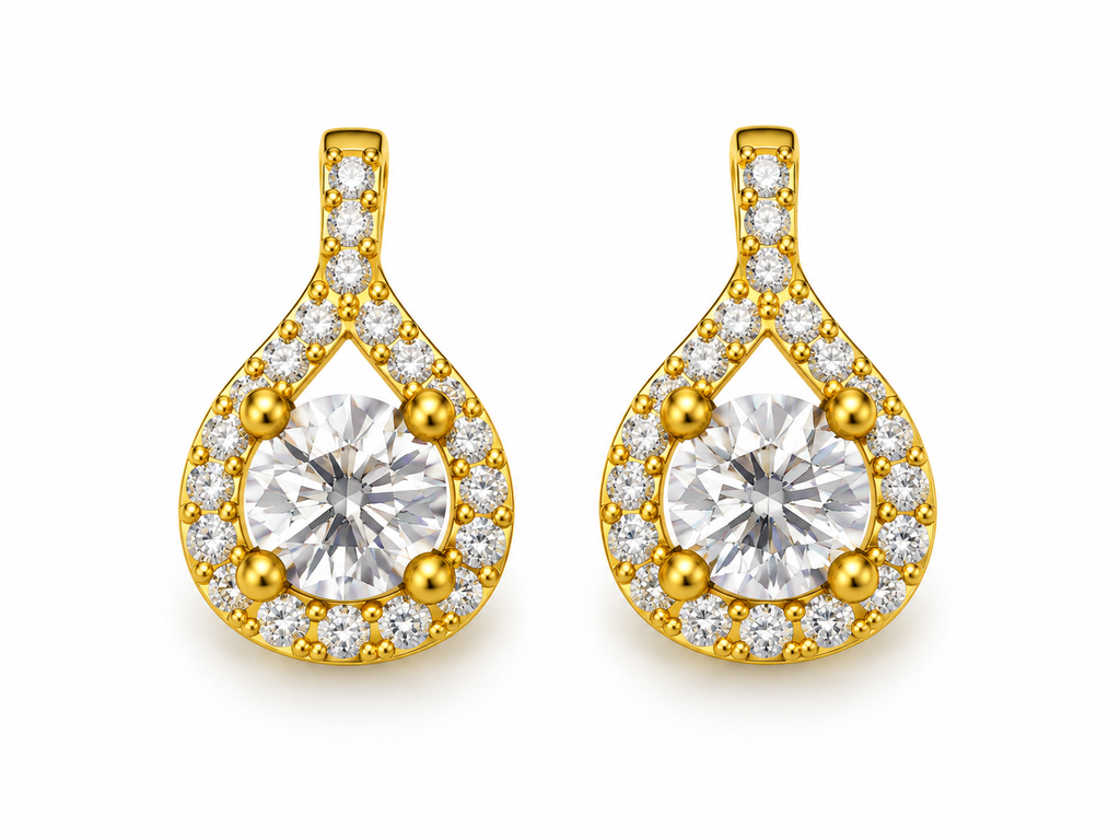 ROUND/14k YELLOWGOLD/TEARDROP HALO EARRINGS