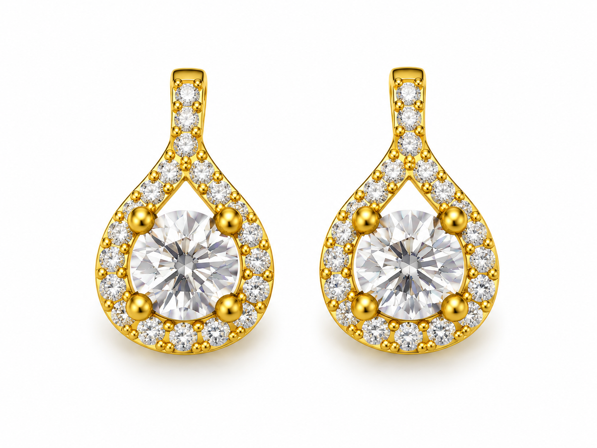 ROUND/14k YELLOWGOLD/TEARDROP HALO EARRINGS